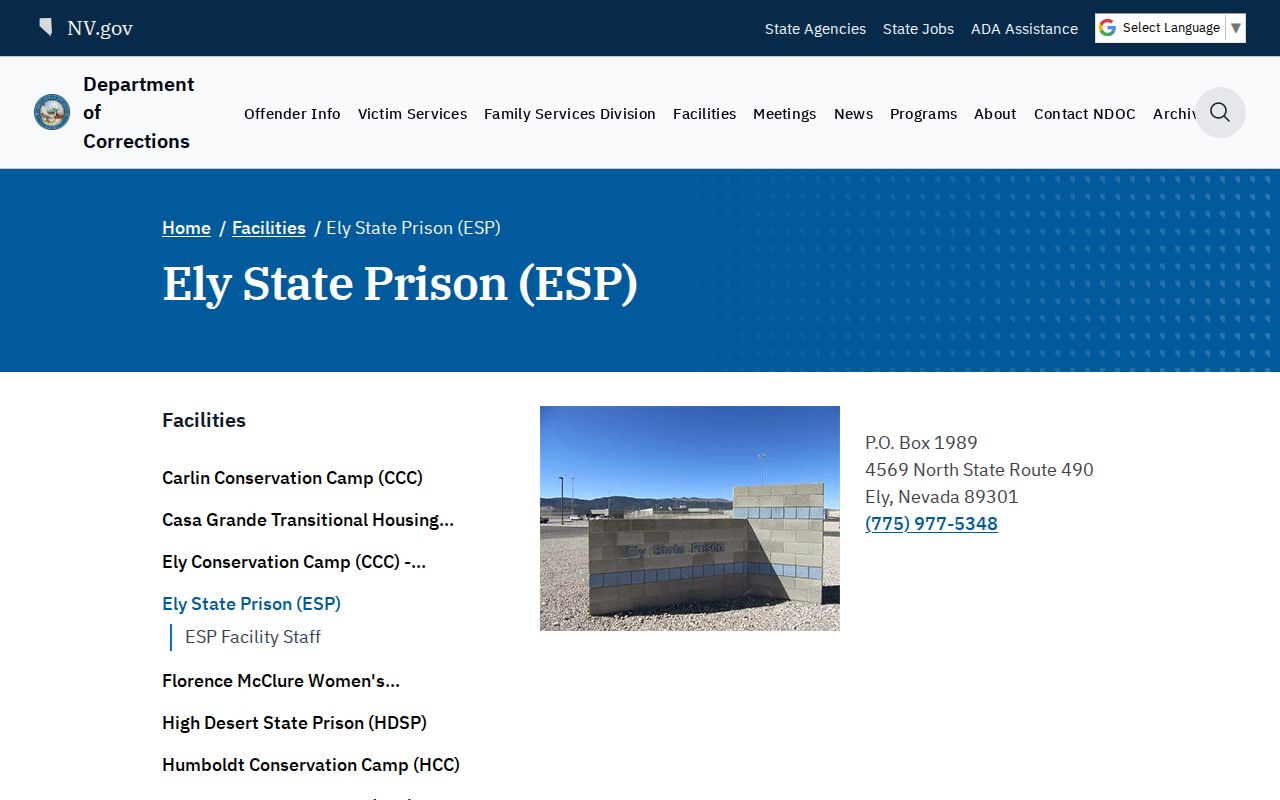 Ely criminal records source showing the official Ely State Prison page