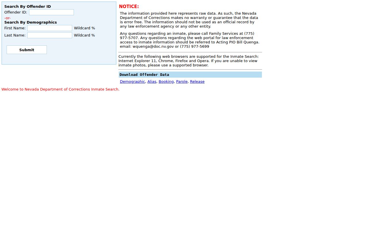 Ely criminal history search fields in the Nevada corrections locator