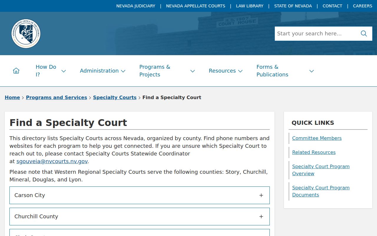 Ely criminal history source listing White Pine specialty courts