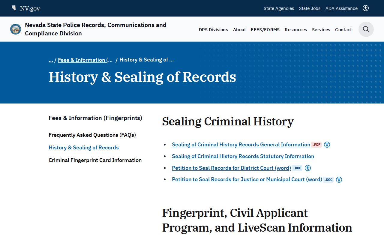 White Pine County criminal case sealing and fingerprint forms
