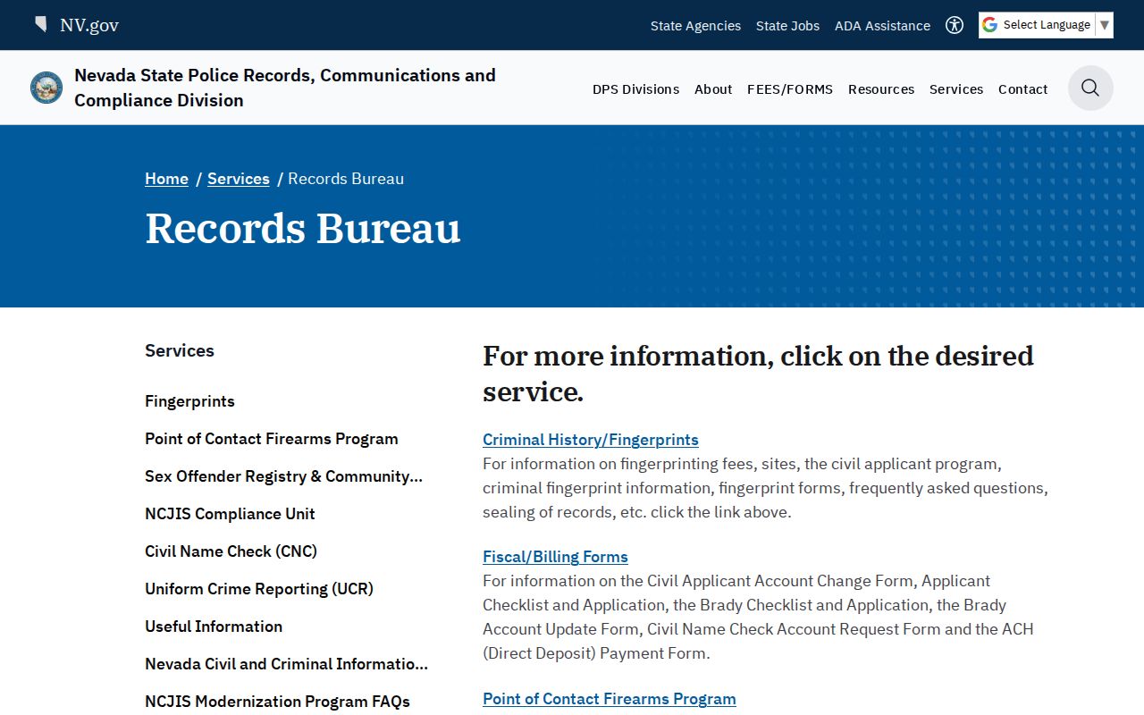 Nevada repository services used for White Pine County criminal history